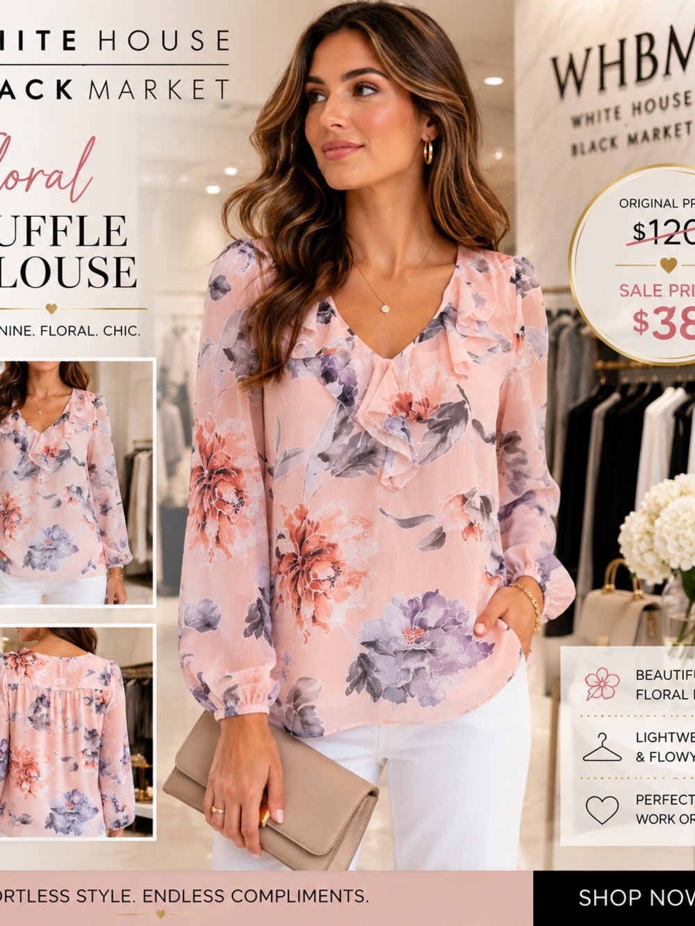 NWT White House Black Market Pink Floral Ruffle Blouse Size 10 Large